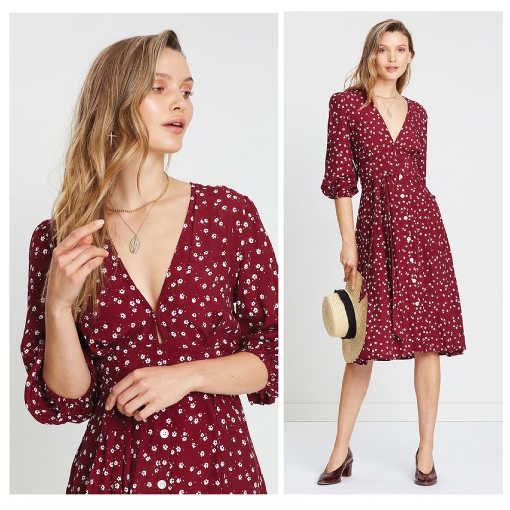 NWOT Faithfull the Brand Bettina Burgundy Floral Midi Dress